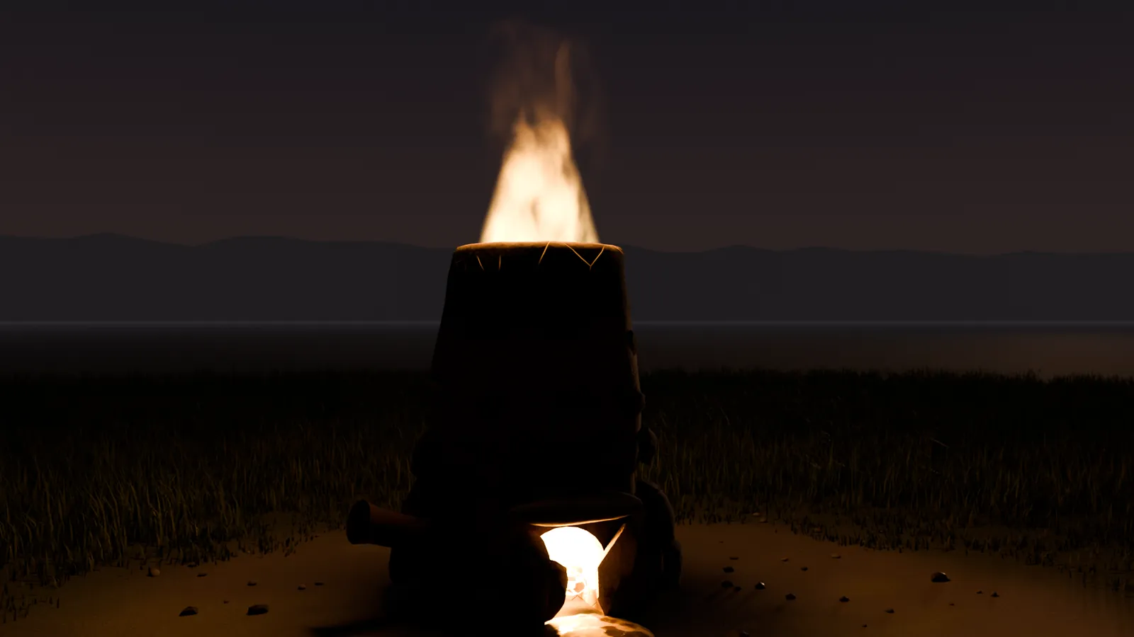 Gemauerter Schmelzofen mit Flamme bei Nacht